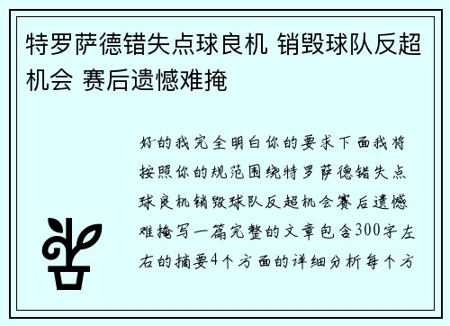 特罗萨德错失点球良机 销毁球队反超机会 赛后遗憾难掩